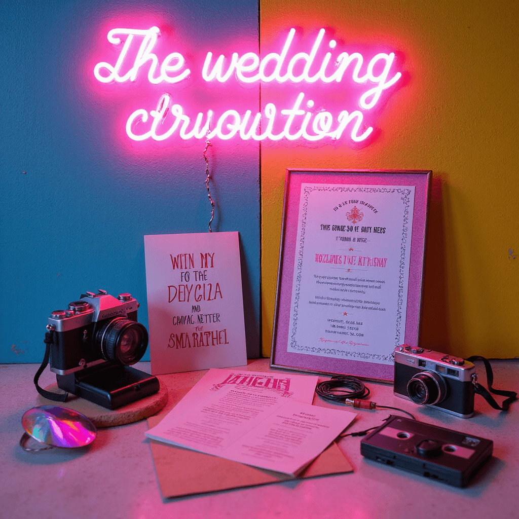 Quirky Wedding Invitations: Unleash Your Creativity and Personality A retro-themed scene featuring '90s style wedding invitations with bold typography against a color-blocked wall. Neon signage casts a pink glow, highlighting holographic details. Vintage props like cameras, cassette tapes, and geometric shapes are included, enhanced by rainbow prism effects and lens flares.