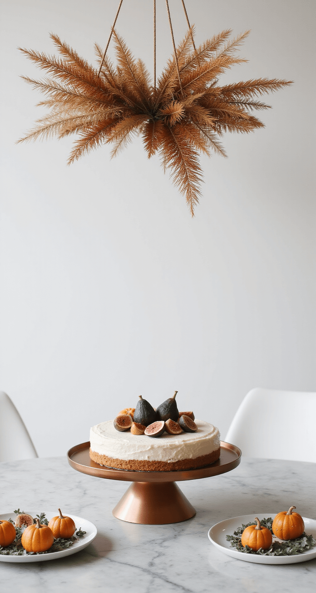 A Magical Fall-Themed First Birthday Party: Your Ultimate Planning Guide Overhead view of a minimalist autumn dessert setup with a marble counter, copper cake stand with a fig and leaf-adorned cake, pumpkin treats on eucalyptus-lined plates, and pampas grass installation above.