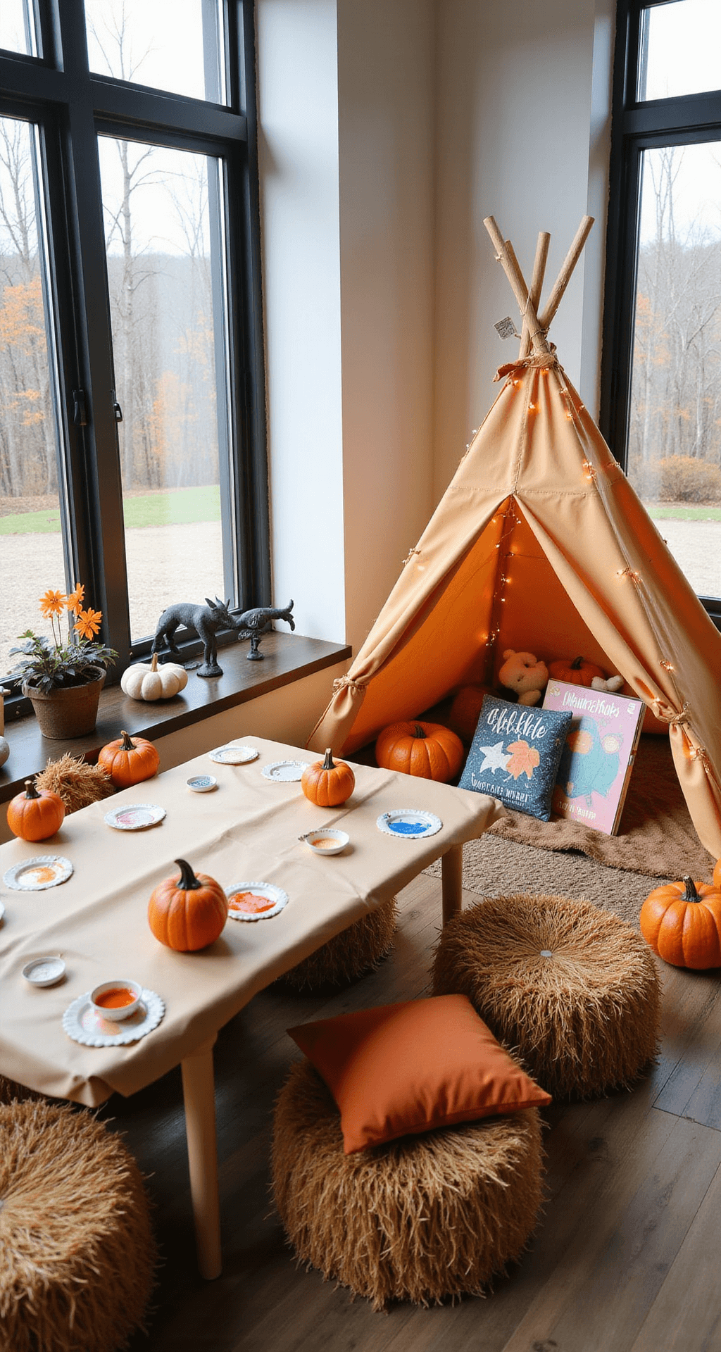 A Magical Fall-Themed First Birthday Party: Your Ultimate Planning Guide A playful children's activity corner with pumpkin painting stations on child-height tables, miniature hay bale seats, a tepee with twinkle lights, and fall-themed decor, seen through large windows with natural light.