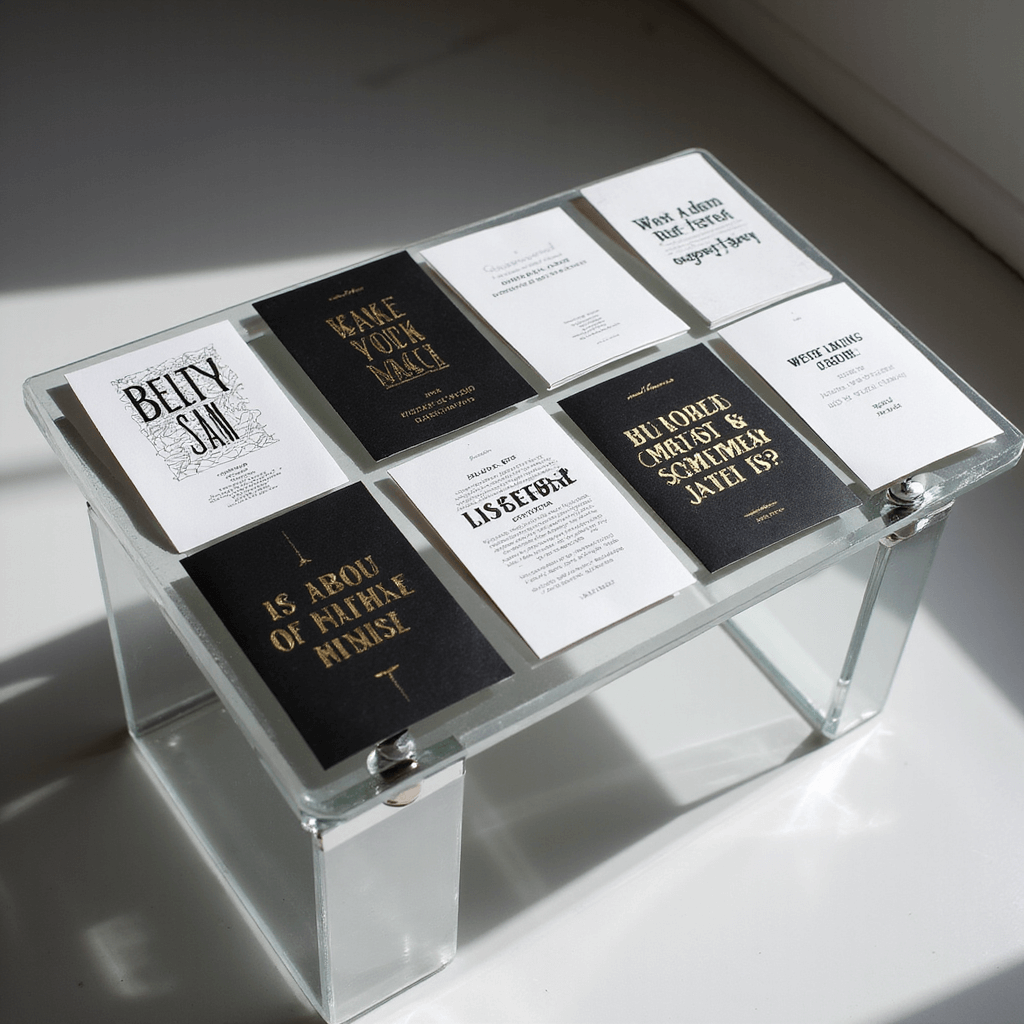 Quirky Wedding Invitations: Unleash Your Creativity and Personality A minimalist display of typography-focused invitations on an acrylic desk, featuring black and white designs with unique font combinations, architectural layouts, and metallic foil accents, highlighted by stark lighting and strong shadows.