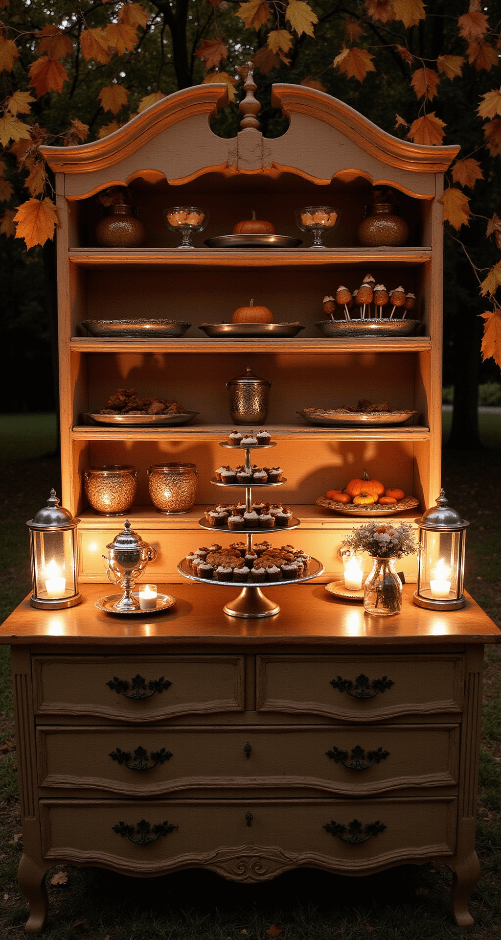 A Magical Fall-Themed First Birthday Party: Your Ultimate Planning Guide A vintage dresser dessert display illuminated by candlelight, showcasing autumn treats on silver stands with floating autumn leaves backdrop.