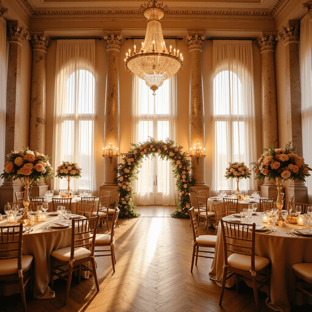 Indoor Wedding Decoration Ideas: Your Ultimate Guide to Creating a Magical Indoor Celebration A wide-angle shot of a grand ballroom wedding at golden hour, featuring towering marble columns draped with ivory silk, crystal chandeliers, blush and cream florals in gold vessels on round tables, champagne linens, a floral arch with garden roses and peonies, and vintage brass candelabras.