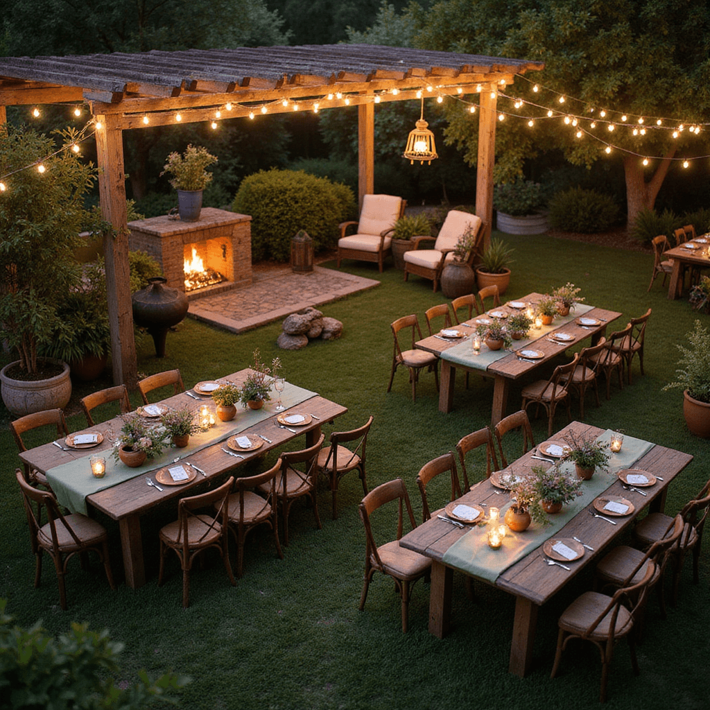 Indoor Wedding Decoration Ideas: Your Ultimate Guide to Creating a Magical Indoor Celebration An aerial view of a cozy garden party at dusk with twinkling bistro lights, vintage furniture, and long farm tables with wildflower centerpieces and brass candlesticks.