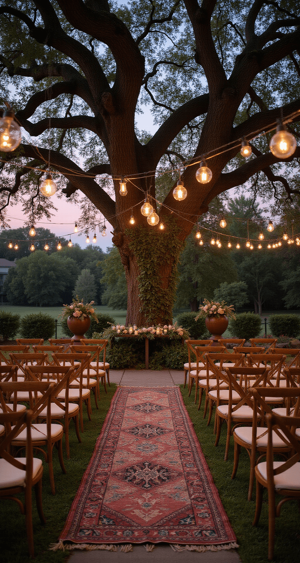 Early Spring Wedding: Your Ultimate Guide to a Magical Celebration A dusk garden ceremony with cross-back chairs facing a flower-decorated altar under an oak tree, glass orbs with candles hang overhead, and the aisle lined with copper urns and vintage rugs, set against a pink and purple sky.
