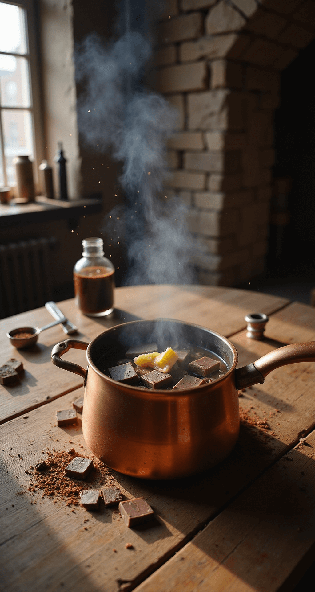 Harry Potter's Magical Birthday Chocolate Cake Magical chocolate preparation scene on a rustic table with melting chocolate and butter in a copper pot, surrounded by instant coffee, measuring tools, and sparkles against a stone wall backdrop.
