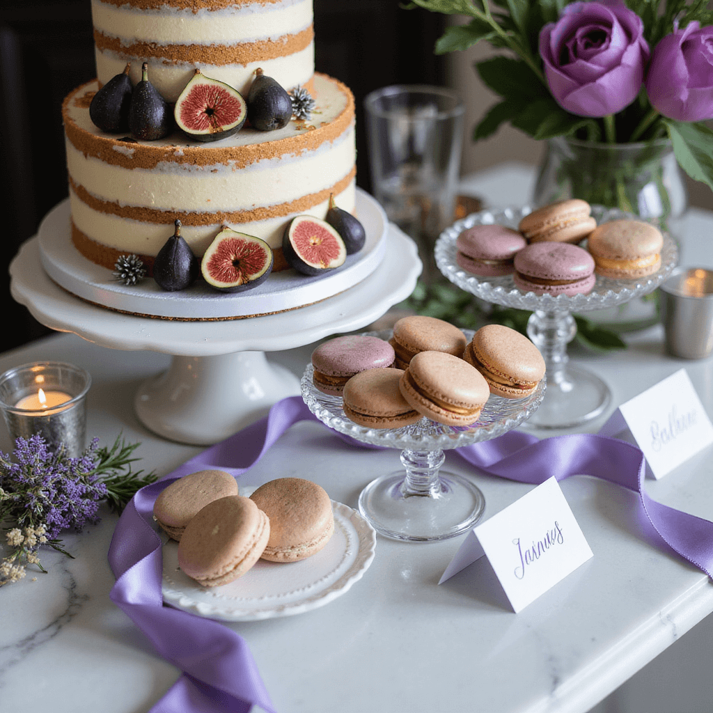 Indoor Wedding Decoration Ideas: Your Ultimate Guide to Creating a Magical Indoor Celebration A close-up of a luxurious birthday dessert display featuring a three-tiered naked cake with figs and gold leaf, surrounded by painted macarons and petit fours on crystal stands, accented with purple thistle, brunia berries, and mercury glass votives.