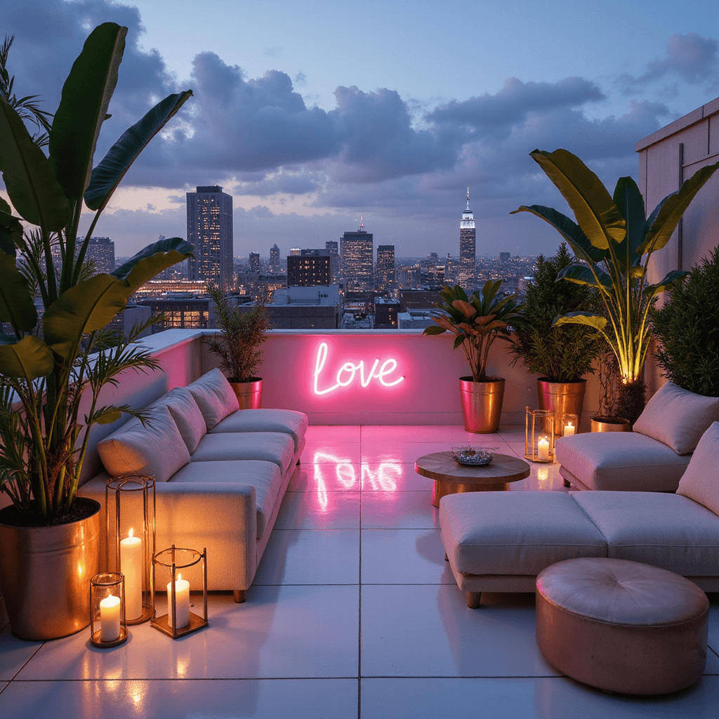 Indoor Wedding Decoration Ideas: Your Ultimate Guide to Creating a Magical Indoor Celebration Twilight rooftop celebration with cream bouclé lounge furniture, geometric brass lanterns, and minimalist floral arrangements, accented by a pink neon 'Love' sign and copper decor against city lights.