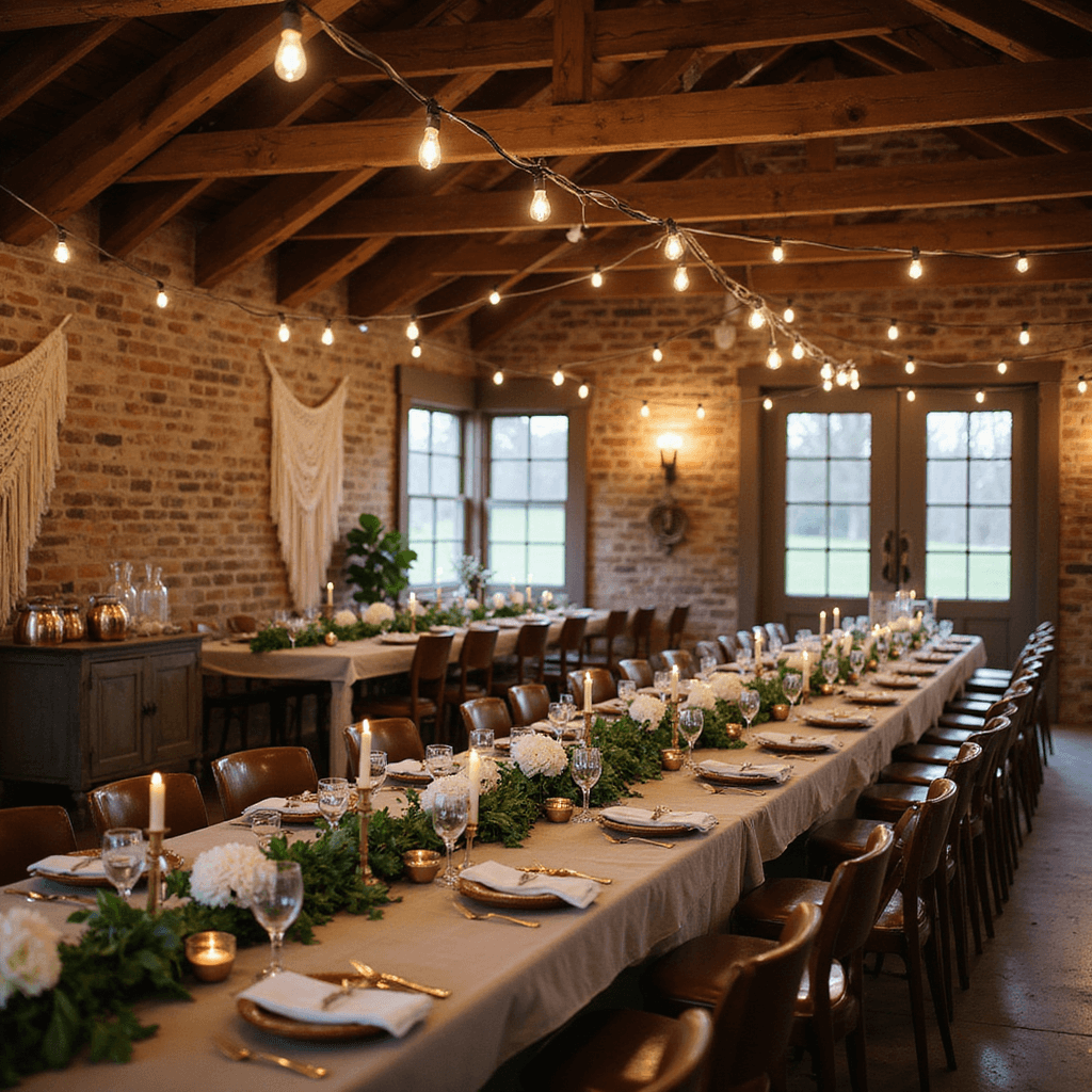 Indoor Wedding Decoration Ideas: Your Ultimate Guide to Creating a Magical Indoor Celebration A warmly lit rustic barn wedding reception with exposed wooden beams and Edison bulbs, featuring long harvest tables with linen runners, greenery, white flowers, brass candlesticks, vintage leather chairs, macramé wall hangings, and a vintage bar cart with copper mugs and crystal decanters.