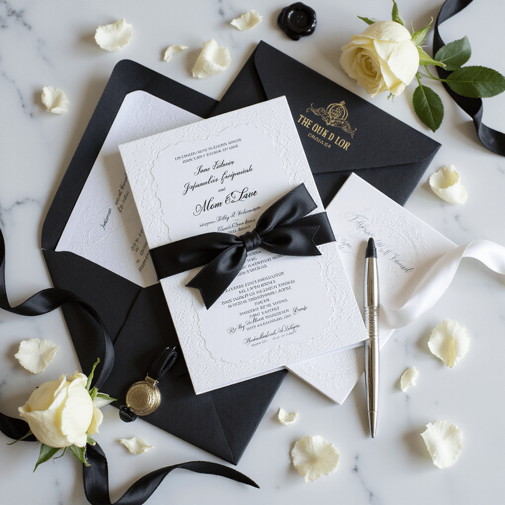 Black and White Wedding Invitations: The Ultimate Guide to Timeless Elegance A luxurious wedding invitation flat lay on white marble, featuring black and white invitations with heavyweight paper, vellum, silk ribbons, a vintage silver pen, white rose petals, and a black wax seal. Soft shadows and professional macro details highlight embossed patterns and metallic foil accents.
