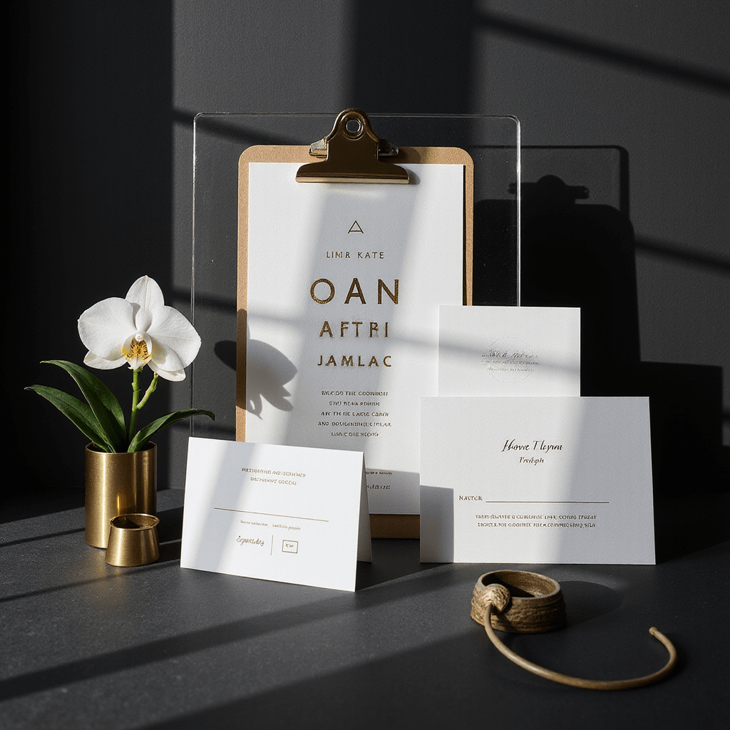 Black and White Wedding Invitations: The Ultimate Guide to Timeless Elegance Modern geometric wedding invitation suite with bold typography and minimalist designs on a matte black backdrop, styled with a clear acrylic clipboard, brass objects, and a white orchid. Dramatic side lighting casts shadows, captured at a 45-degree angle.