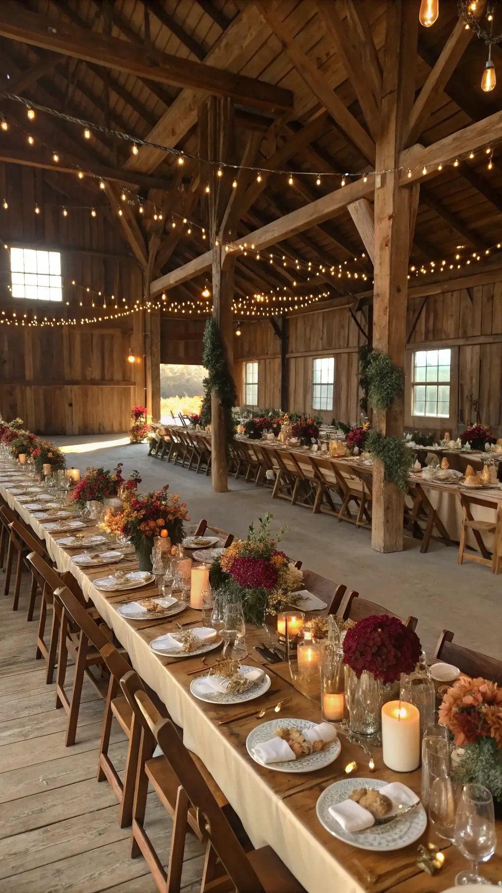 Elevate Your Table with a Stunning Pumpkin Centerpiece A rustic barn venue at golden hour with string lights, long farmhouse tables, gold-painted pumpkin centerpieces with burgundy dahlias and copper roses, cream silk table runners, vintage brass candlesticks, and natural light through the windows.