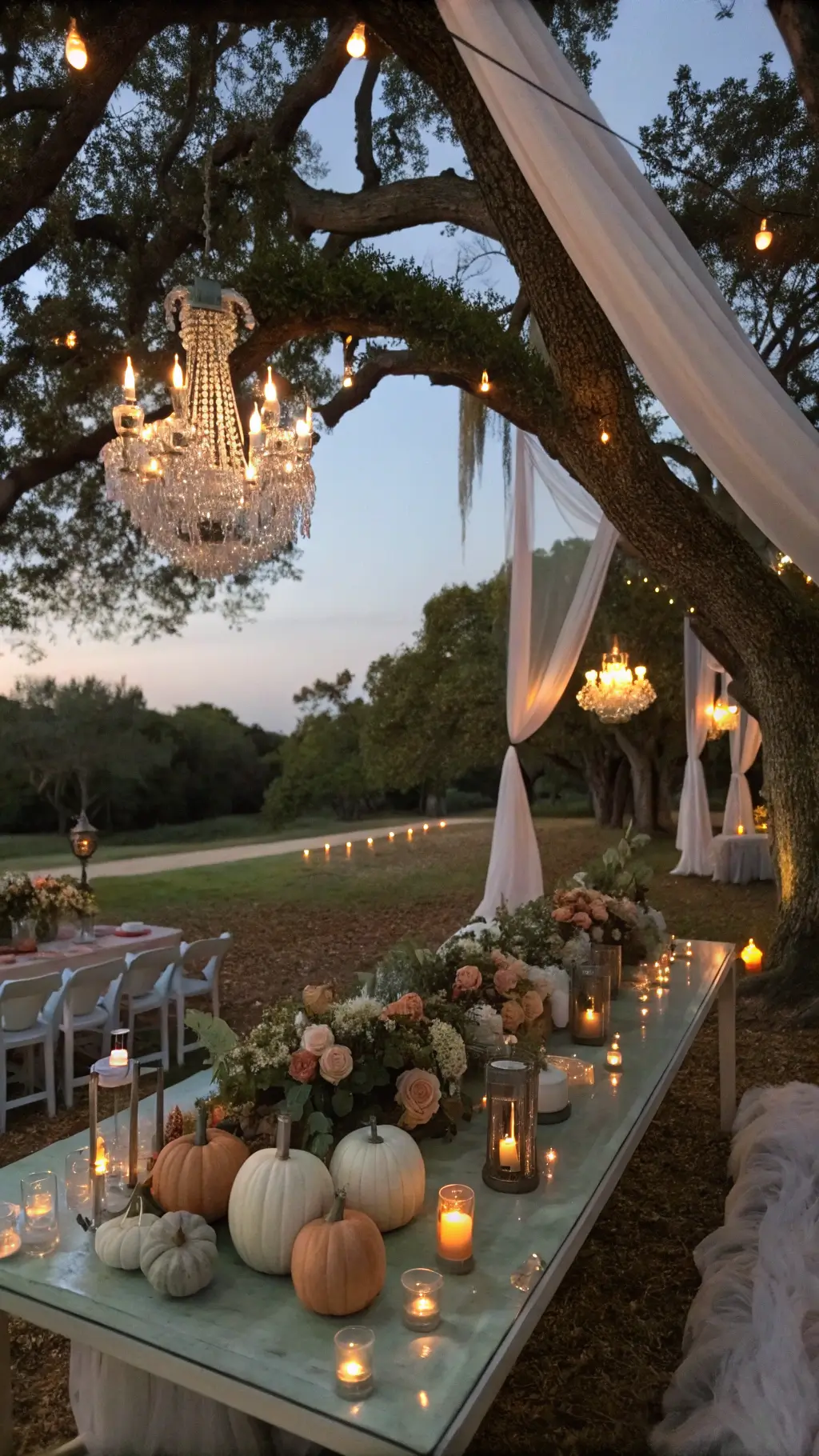 Elevate Your Table with a Stunning Pumpkin Centerpiece A twilight garden dinner party with an elegant ombre pumpkin display on a glass-topped table under oak trees, adorned with sheer fabric and crystal chandeliers. Centerpieces feature white-to-peach pumpkins with roses, ranunculus, and eucalyptus. Mercury glass votives and copper wire fairy lights add a magical glow against the dusky sky.