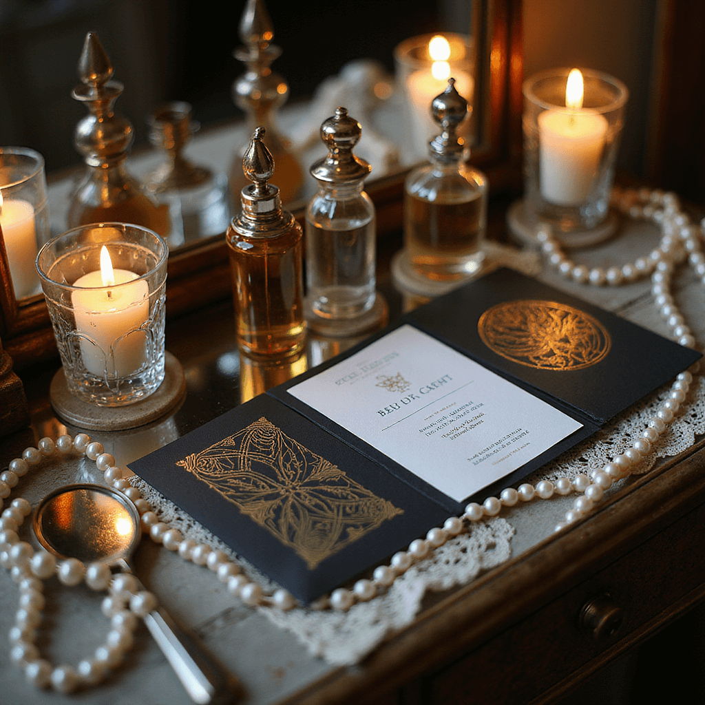 Black and White Wedding Invitations: The Ultimate Guide to Timeless Elegance A vintage-inspired art deco wedding invitation vignette featuring black and white invitations with gold foil details, surrounded by vintage crystal perfume bottles, pearl strands, and a small silver hand mirror on an antique mirrored vanity under warm candlelight.