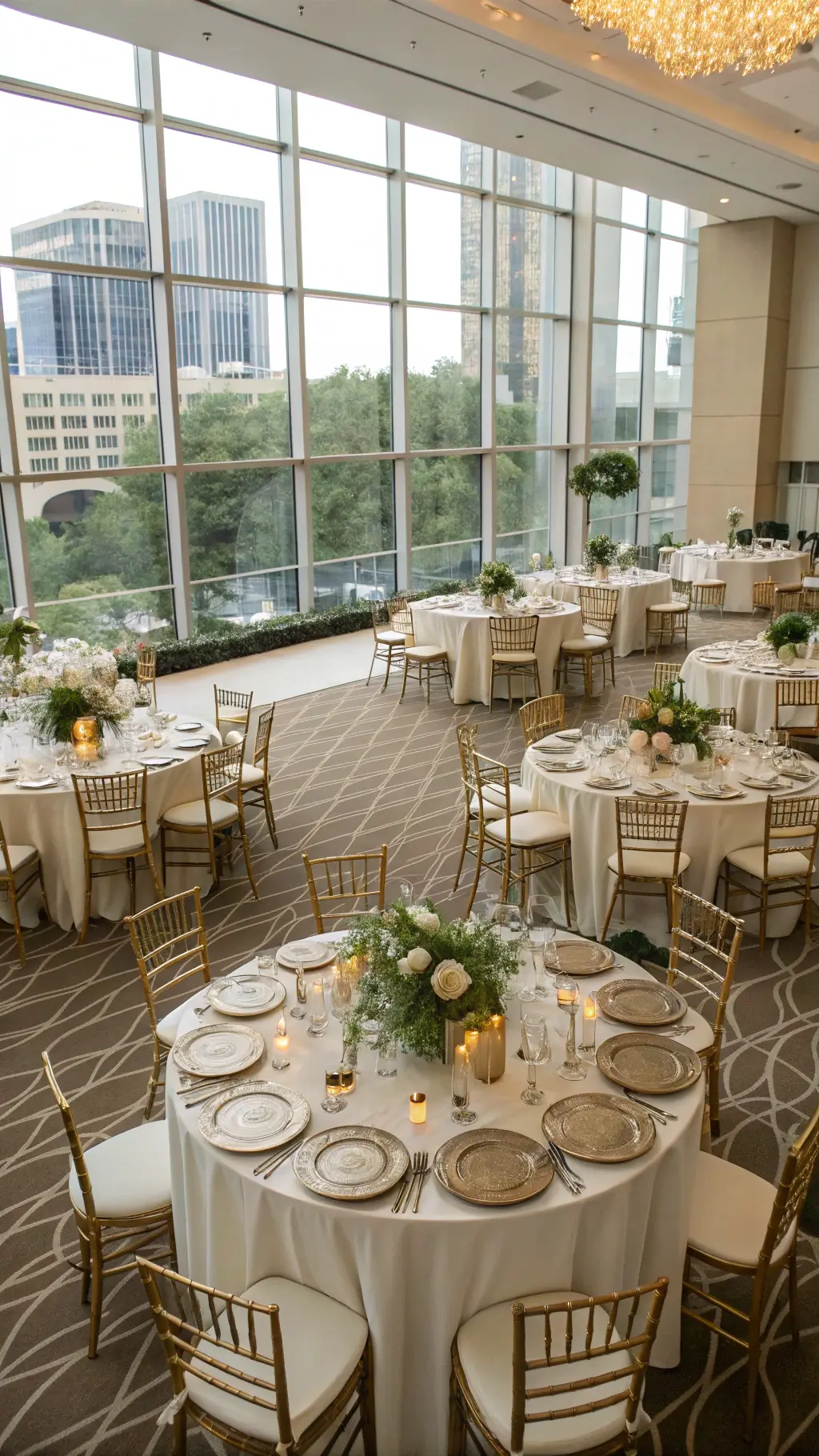 Elevate Your Table with a Stunning Pumpkin Centerpiece Overhead view of an elegant indoor ballroom wedding reception with champagne linen-draped tables, white pumpkin centerpieces, geometric terrariums, taper candles, ghost chairs, and gold-rimmed chargers, bathed in natural light from large windows.