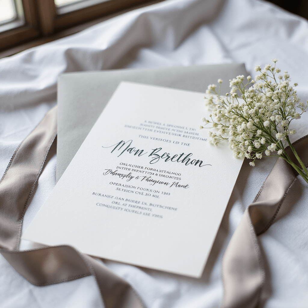 Black and White Wedding Invitations: The Ultimate Guide to Timeless Elegance A minimalist black and white invitation centered on textured white linen with a hand-calligraphed envelope, dove grey silk ribbon, and dried baby's breath, highlighted by natural window light from the left.