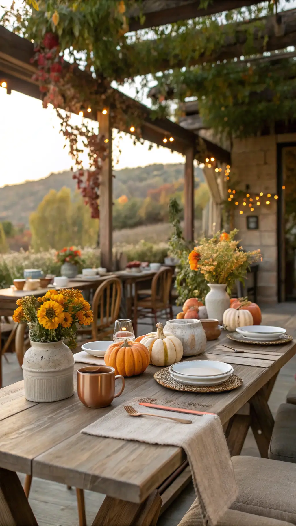 Elevate Your Table with a Stunning Pumpkin Centerpiece A cozy autumn brunch on a terrace with pumpkins and dahlias on rustic wooden tables, surrounded by vintage stoneware and copper mugs, with morning light filtering through vines.