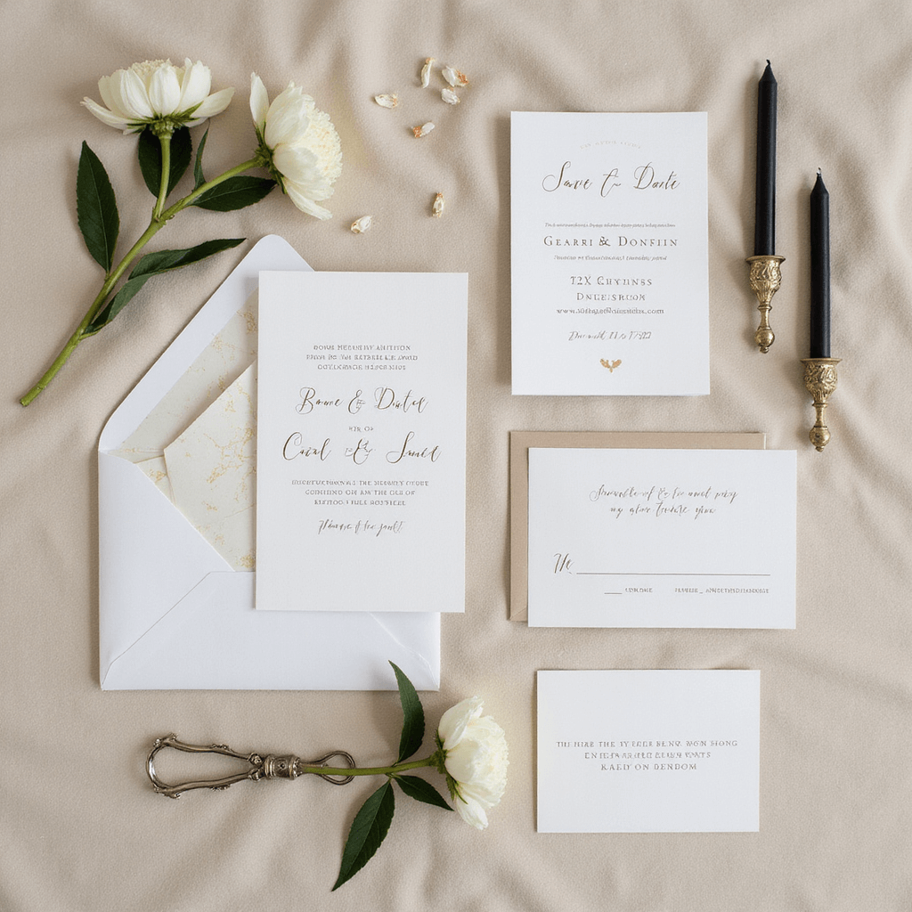 Black and White Wedding Invitations: The Ultimate Guide to Timeless Elegance A flat lay of luxury stationery suite with save-the-dates, invitations, RSVP cards, and envelopes arranged in a grid on a cream velvet backdrop, styled with a vintage silver letter opener, black taper candles, and white anemones.