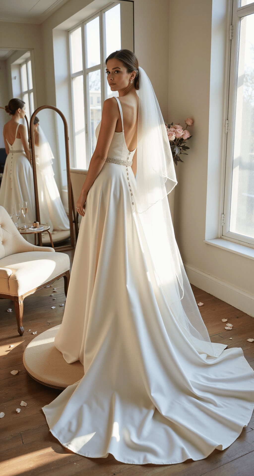 The Complete Guide to Classic Wedding Dress Styles A sunlit bridal boutique interior featuring a bride on a circular pedestal in an A-line silk mikado gown with covered buttons, complemented by a cathedral-length veil. The scene includes cream velvet seating, champagne flutes, and scattered rose petals, all captured through triple mirrors in a soft-focus.