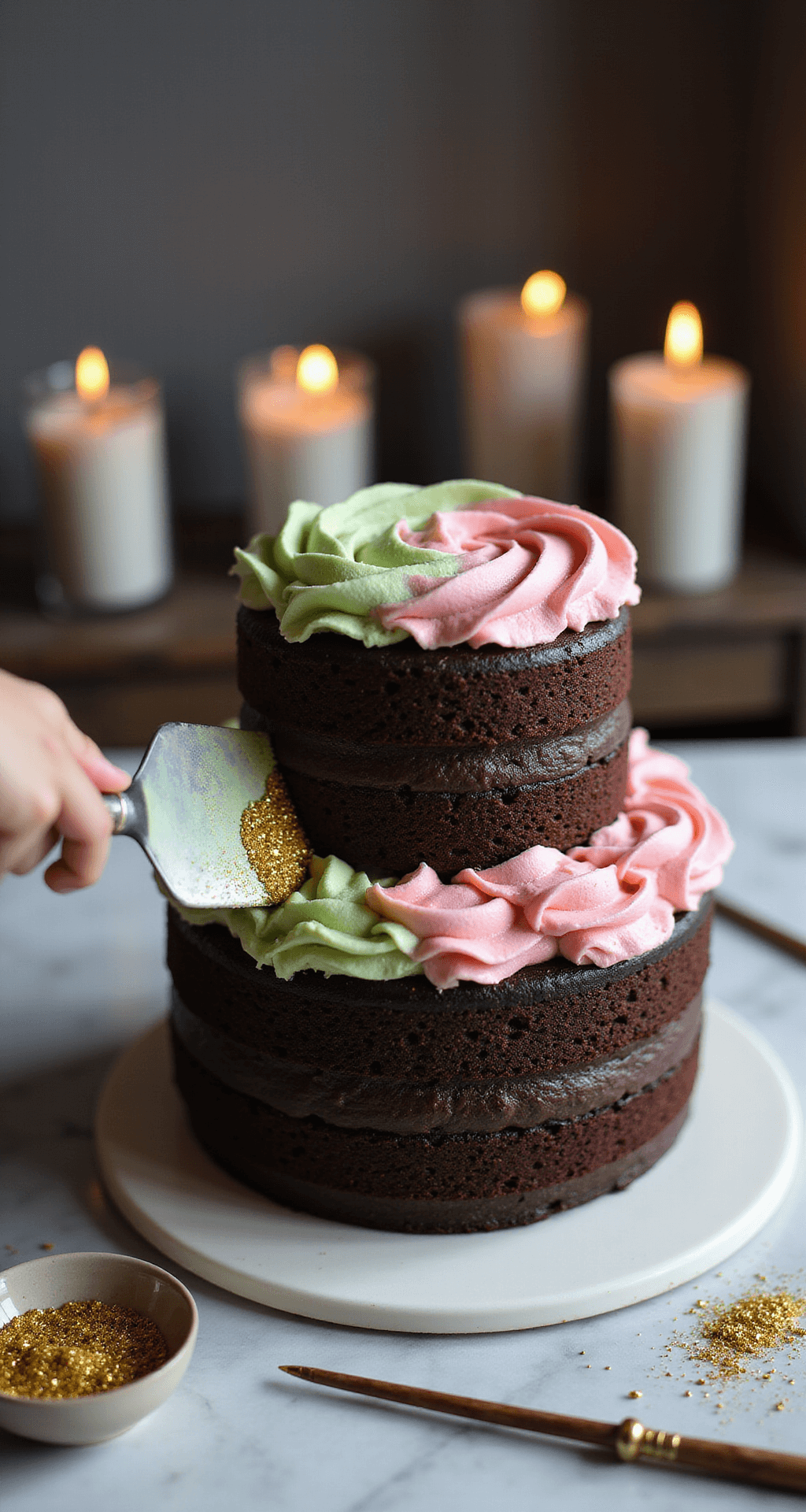 Harry Potter's Magical Birthday Chocolate Cake A close-up of a chocolate cake with pink and green buttercream, golden glitter, and Harry Potter-themed decorations, with a wand on a marble countertop and floating candles in the background.