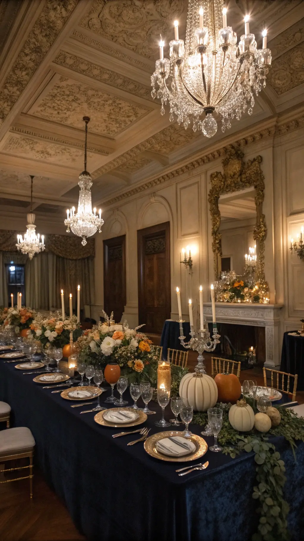 Elevate Your Table with a Stunning Pumpkin Centerpiece A lavish dining room setting for an elegant evening soirée, featuring a historic mansion illuminated by crystal chandeliers, navy velvet-draped tables, and silver pumpkin centerpieces with white orchids and eucalyptus, exuding sophistication with mirrored chargers and crystal glasses, shot from a low angle to highlight the grandeur.