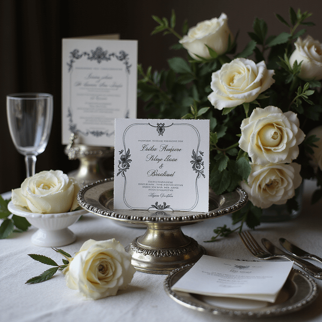 Black and White Wedding Invitations: The Ultimate Guide to Timeless Elegance Romantic tabletop setting with black and white invitations among vintage wedding elements, including a silver cake stand, pearl-handled cake servers, champagne coupes, and white garden roses, captured in moody natural light.