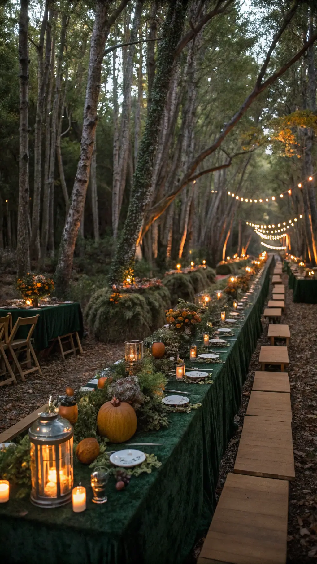 Elevate Your Table with a Stunning Pumpkin Centerpiece An enchanted forest wedding reception at dusk with long tables winding through illuminated trees, featuring moss-covered pumpkin centerpieces with wild mushrooms and woodland flowers, birch containers, ferns, and glowing lanterns, dark green velvet linens, and mixed metallic accents in a cinematic wide shot.