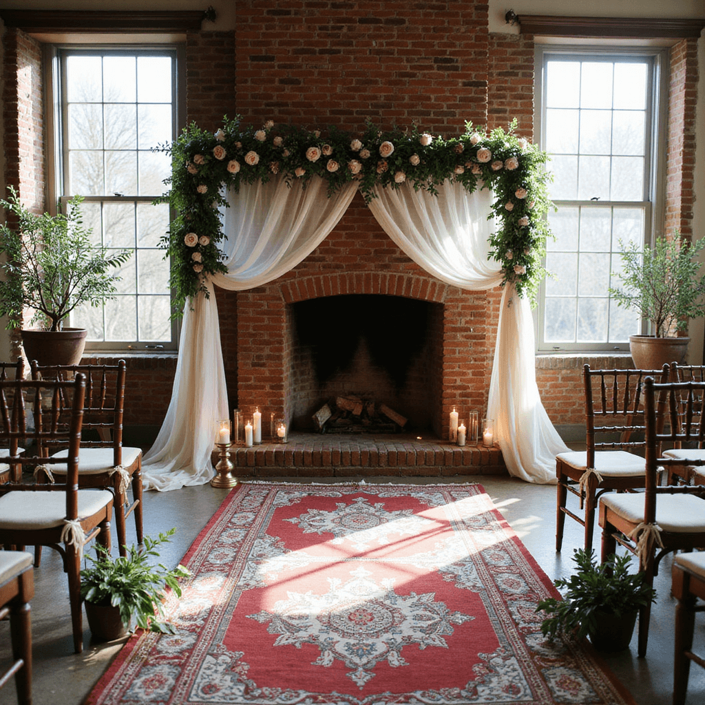 Home Wedding Decorations: Your Ultimate Personal Celebration Guide Sunlit living room with a floral arch over a brick fireplace, Persian rug aisle, brass candleholders, and vintage chairs with eucalyptus and silk ribbons.