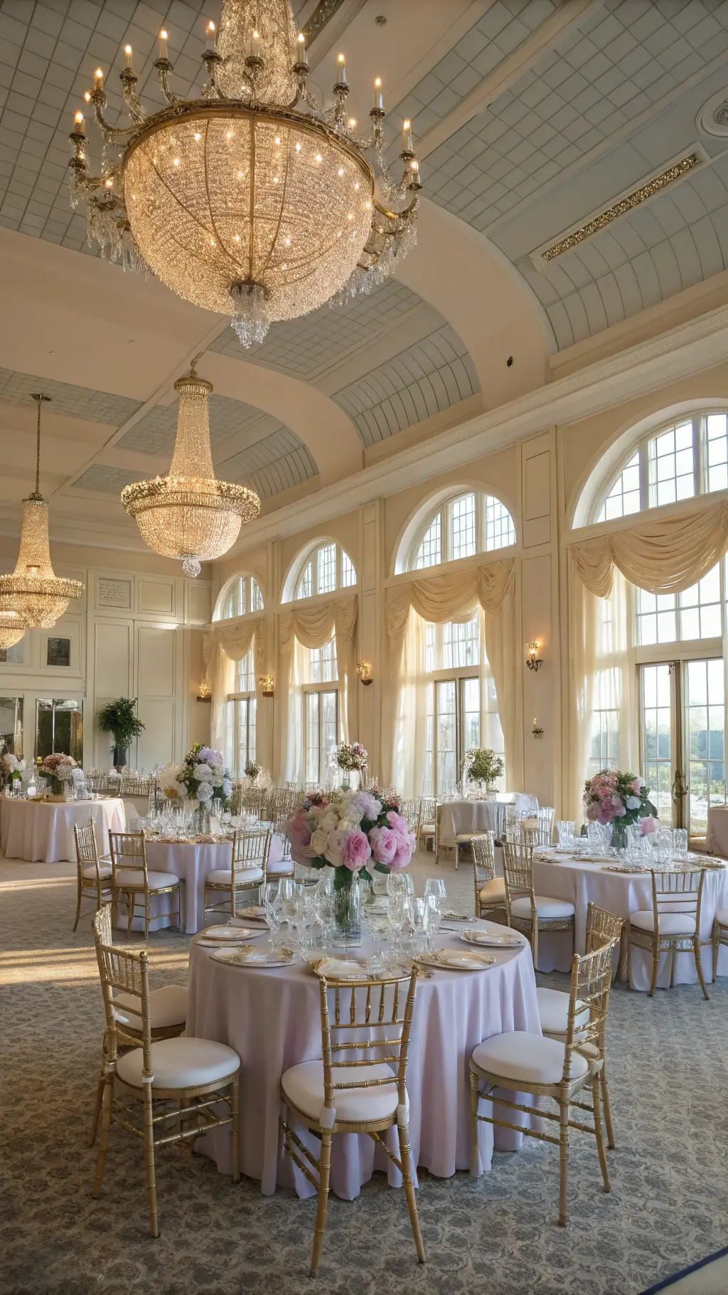 Best Pastel Wedding Ideas with soft hues and Endless Romance A grand ballroom bathed in golden hour sunlight with floor-to-ceiling windows, vintage crystal chandeliers, and ethereal pastel decor, featuring round tables with pearl-white linens, floral centerpieces, and gold-accented tableware, surrounded by ghost chairs and fairy-lit tulle draping on the ceiling.