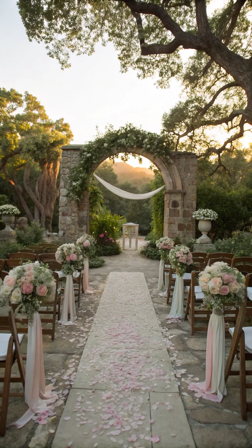 Best Pastel Wedding Ideas with soft hues and Endless Romance Sunset garden ceremony with stone arch, climbing roses, vintage chairs, pastel flowers, and dappled shadows.