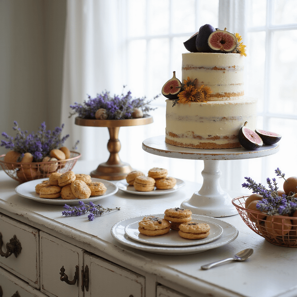 Home Wedding Decorations: Your Ultimate Personal Celebration Guide Close-up of a cozy breakfast nook featuring a vintage dresser repurposed as a dessert display, showcasing a three-tier naked cake with figs and honey-toned flowers. Antique cake stands hold macarons and tarts, while copper wire baskets filled with lavender add a fragrant touch. Soft light filters through lace curtains.