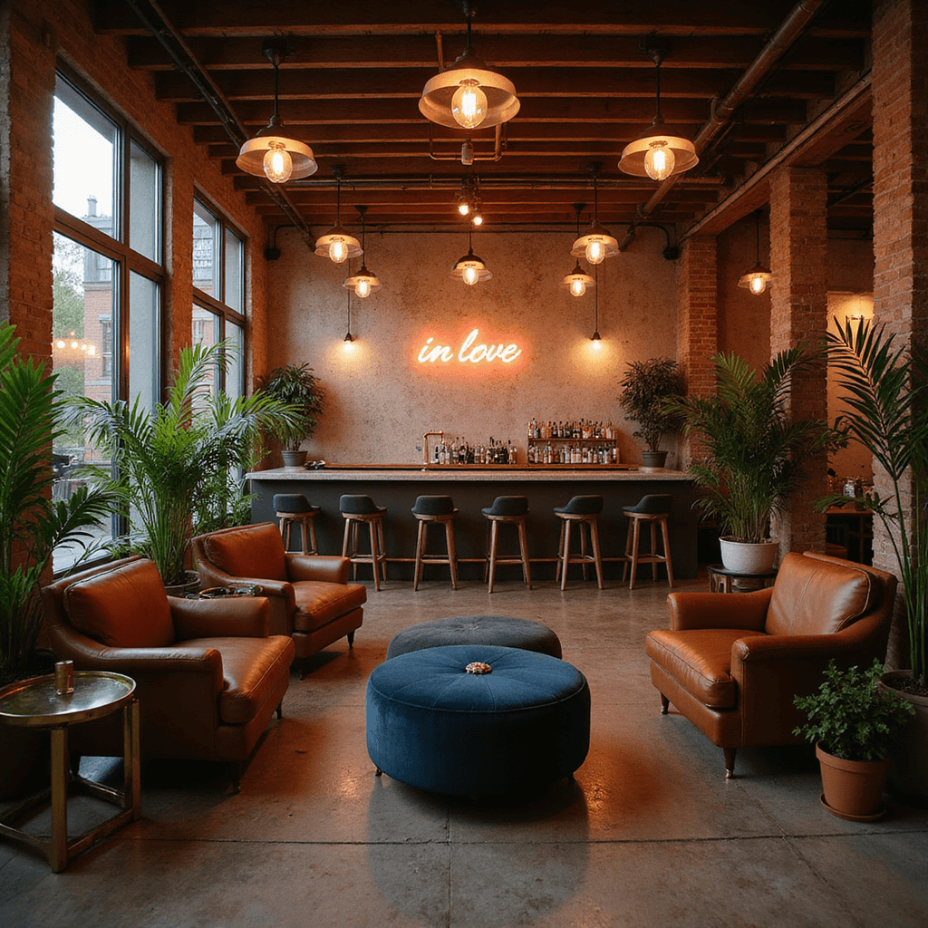 Home Wedding Decorations: Your Ultimate Personal Celebration Guide A stylish garage conversion with dim industrial lighting, featuring leather armchairs, velvet ottomans, geometric side tables, potted palms, and a DIY copper and marble bar backdrop with neon signage saying 'in love'.