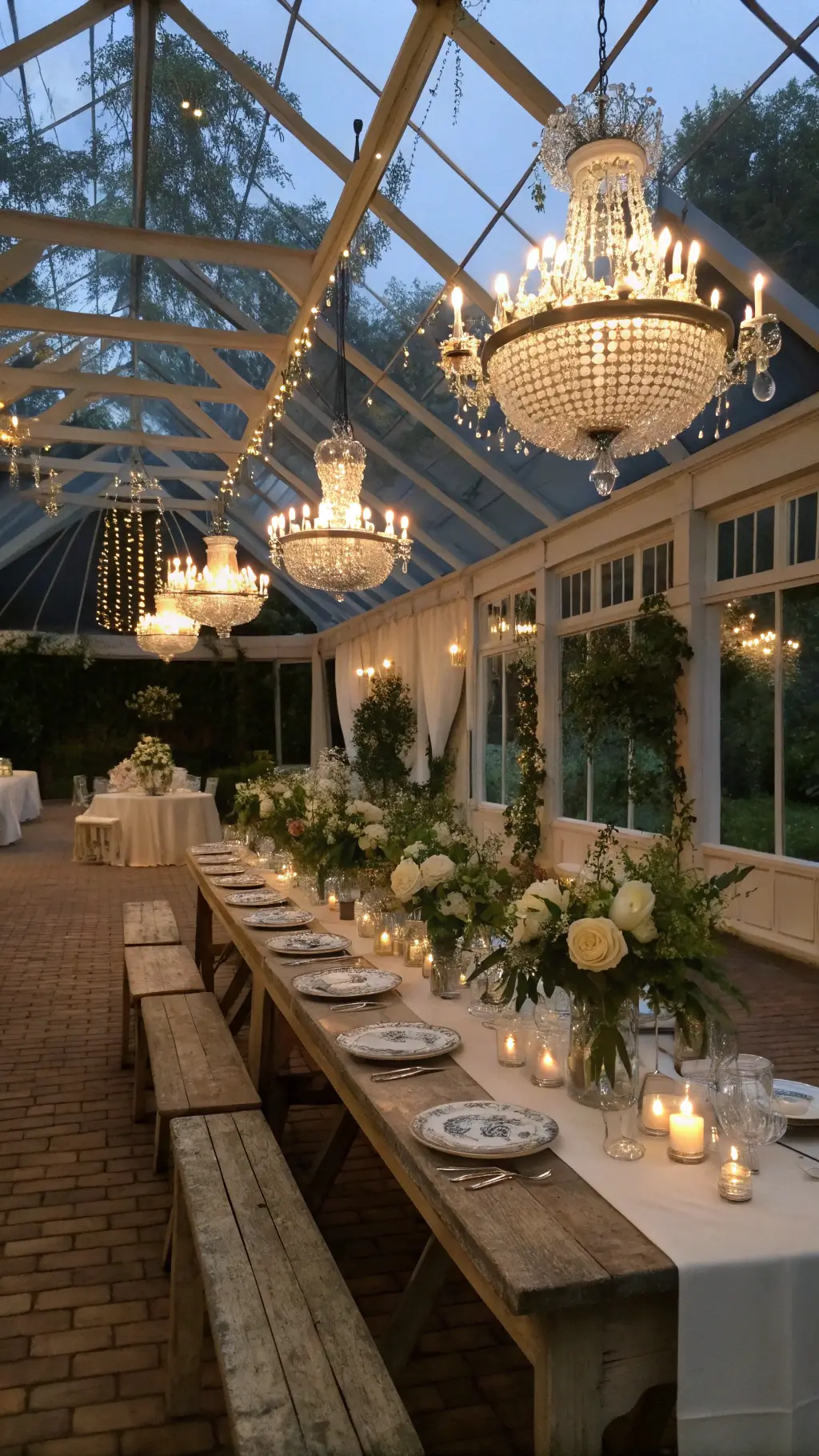 Best Pastel Wedding Ideas with soft hues and Endless Romance A twilight reception in a Victorian conservatory with chandeliers and glass orbs overhead, featuring long tables with blue silk runners, yellow roses, white anemones, eucalyptus, and vintage goblets.