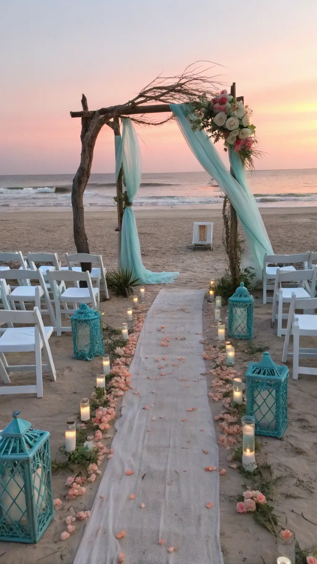 Best Pastel Wedding Ideas with soft hues and Endless Romance Aerial view of a beachfront setup at sunrise with white chairs facing the ocean, a driftwood arch adorned with flowers, and sandy pathways lined with lanterns.