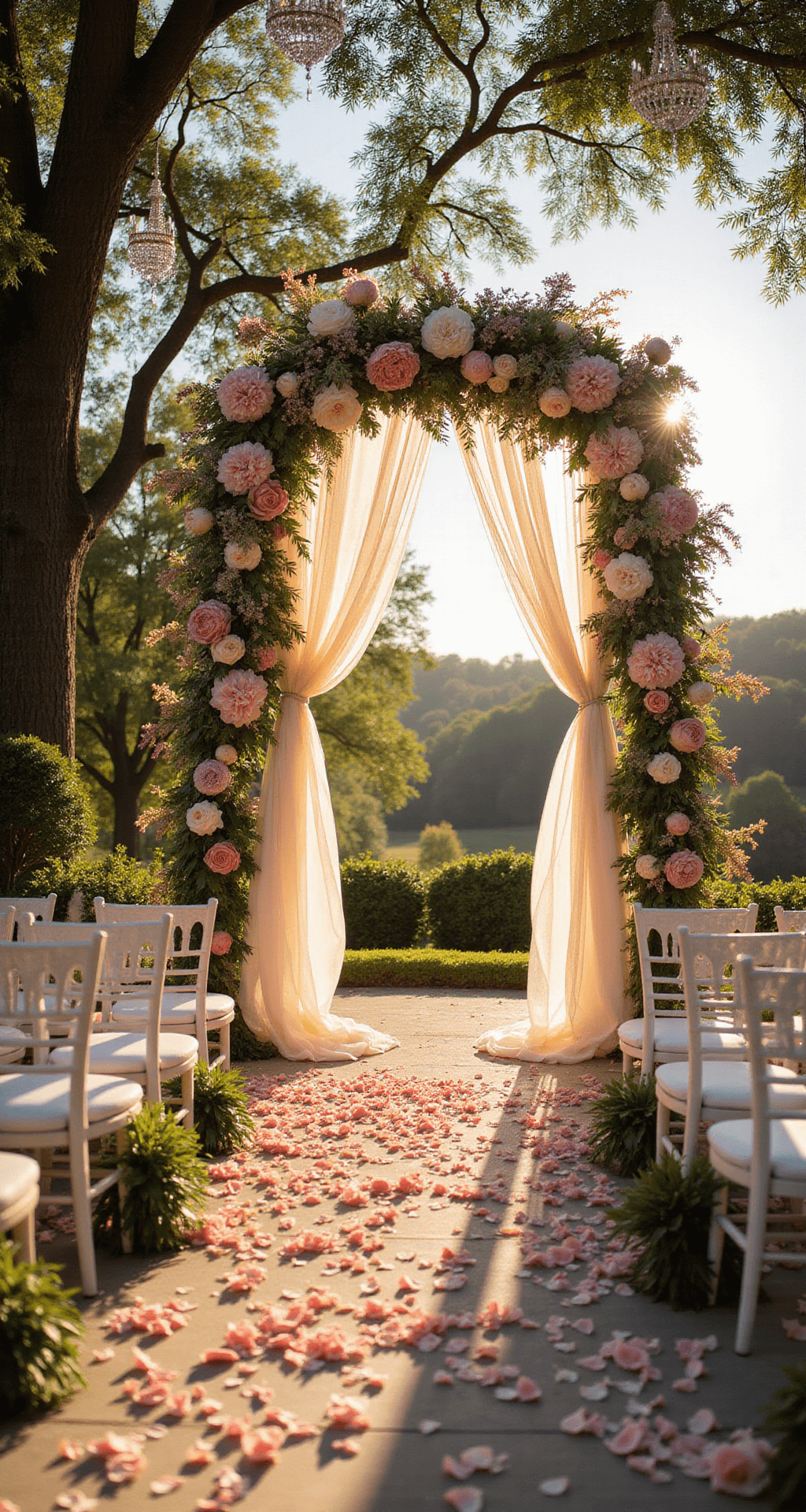Spring Wedding Flowers: A Comprehensive Guide to Blooming Beauties Sun-drenched garden wedding setup with white chairs, floral arch of peonies and greenery, and chandeliers hanging from trees, captured at golden hour.
