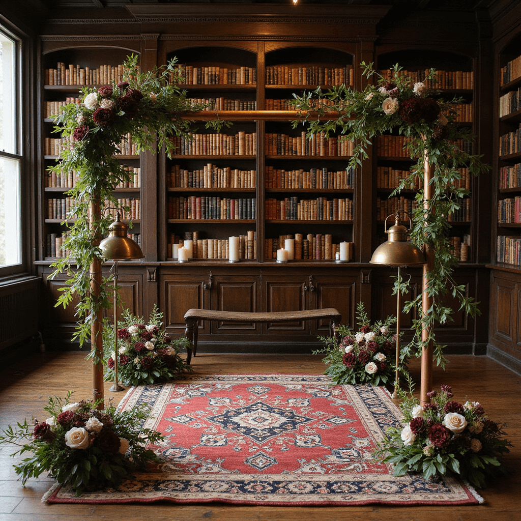 Home Wedding Decorations: Your Ultimate Personal Celebration Guide A cozy ceremony space in a home library with rows of books as a backdrop, floating shelves with pillar candles, a Persian rug marking the area, floral installations in burgundy and cream on copper pipes, and vintage brass lamps casting a warm glow over semicircular guest seating.