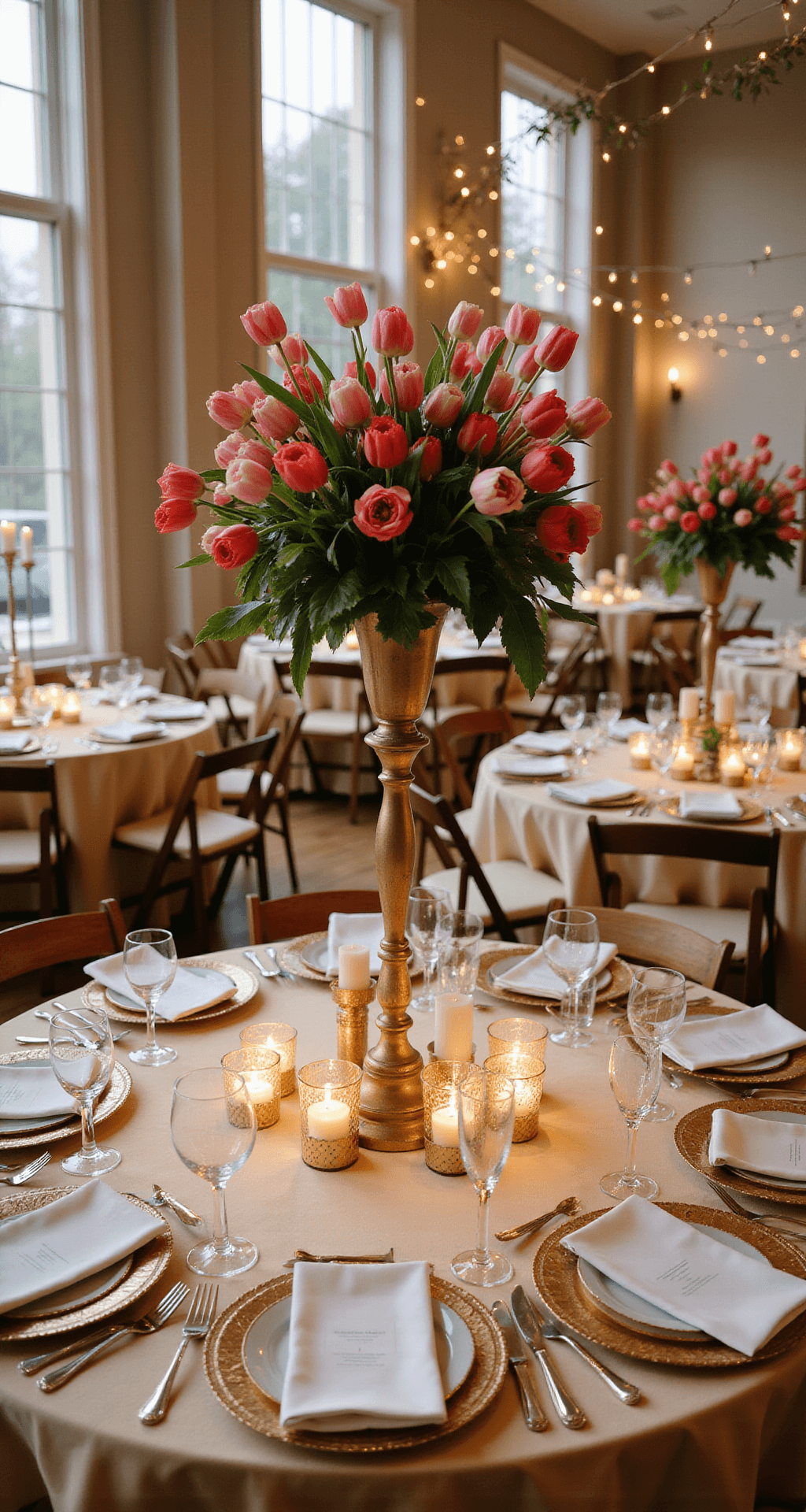Spring Wedding Flowers: A Comprehensive Guide to Blooming Beauties Elevated view of an elegant indoor reception with tables featuring tulip centerpieces and warm ambient lighting.