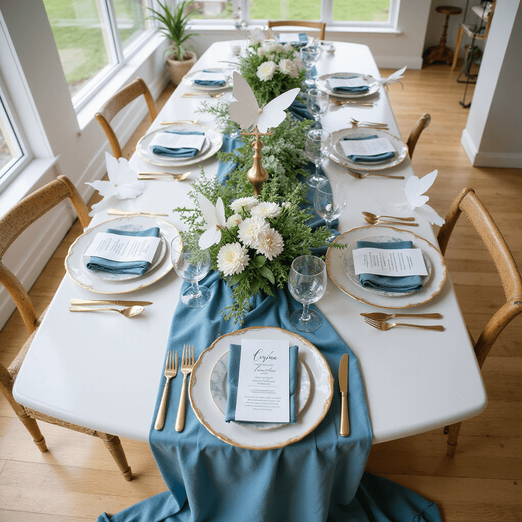Home Wedding Decorations: Your Ultimate Personal Celebration Guide Overhead view of a sweetheart table in a sun-drenched room, featuring a blue silk runner, elegant place settings with marble place cards, gold-rimmed glassware, white and green floral centerpieces, and floating paper butterflies.