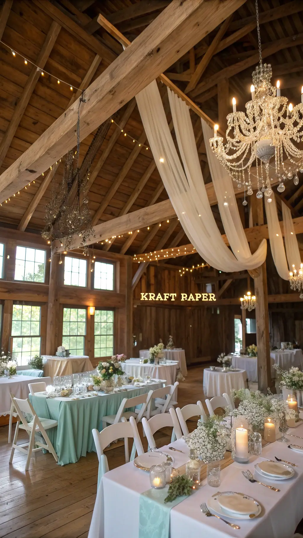 Best Pastel Wedding Ideas with soft hues and Endless Romance Rustic barn interior with wooden beams adorned with chiffon and chandeliers, farmhouse tables with vintage china, and floral centerpieces in milk glass vases.