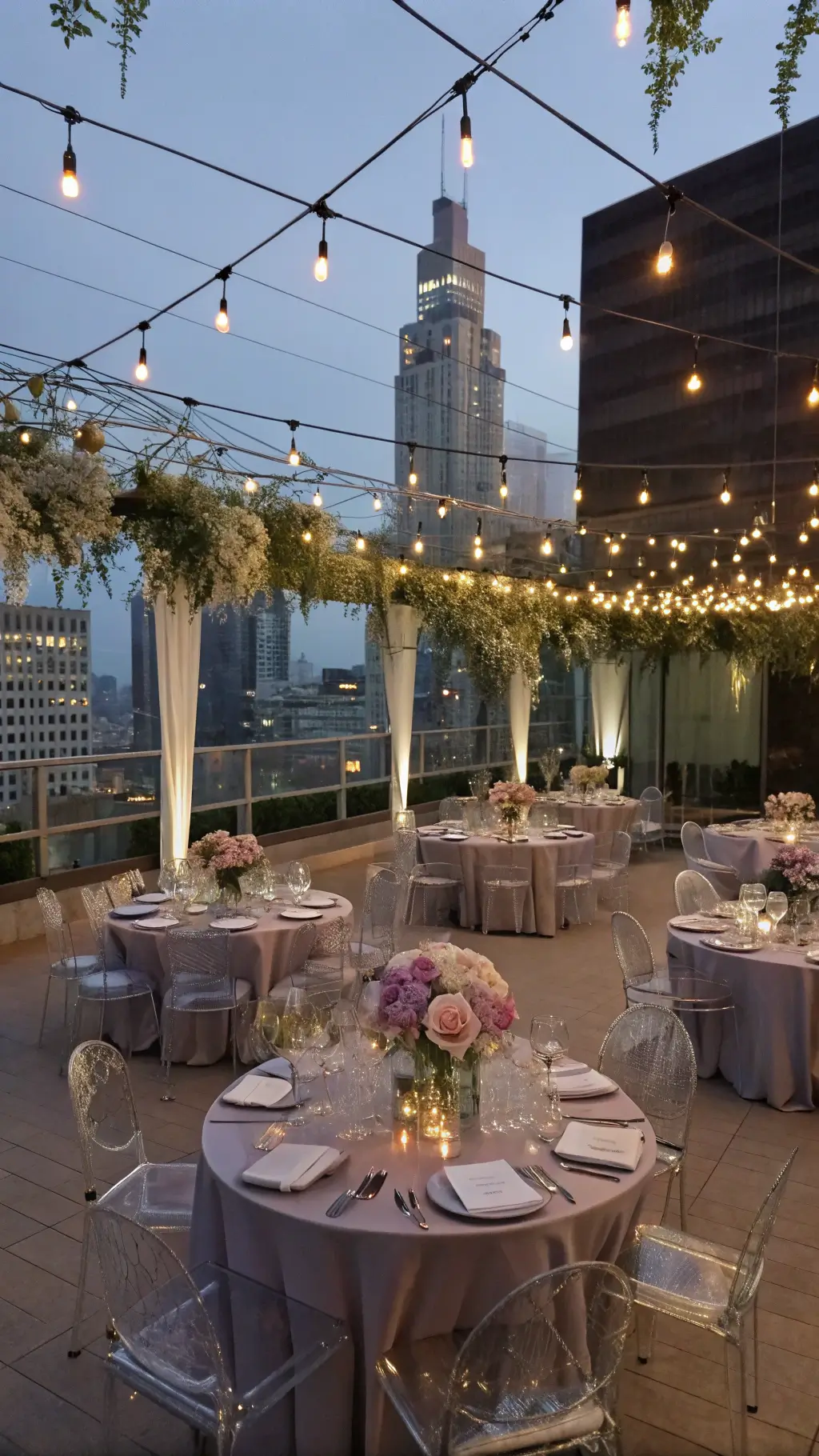Best Pastel Wedding Ideas with soft hues and Endless Romance A modern rooftop evening soirée featuring ghost chairs, lucite tables with geometric metallic centerpieces, lavender roses, ranunculus, astilbe, copper chargers, gray linens, blush napkins, and suspended wisteria and cherry blossom installations against a city skyline.