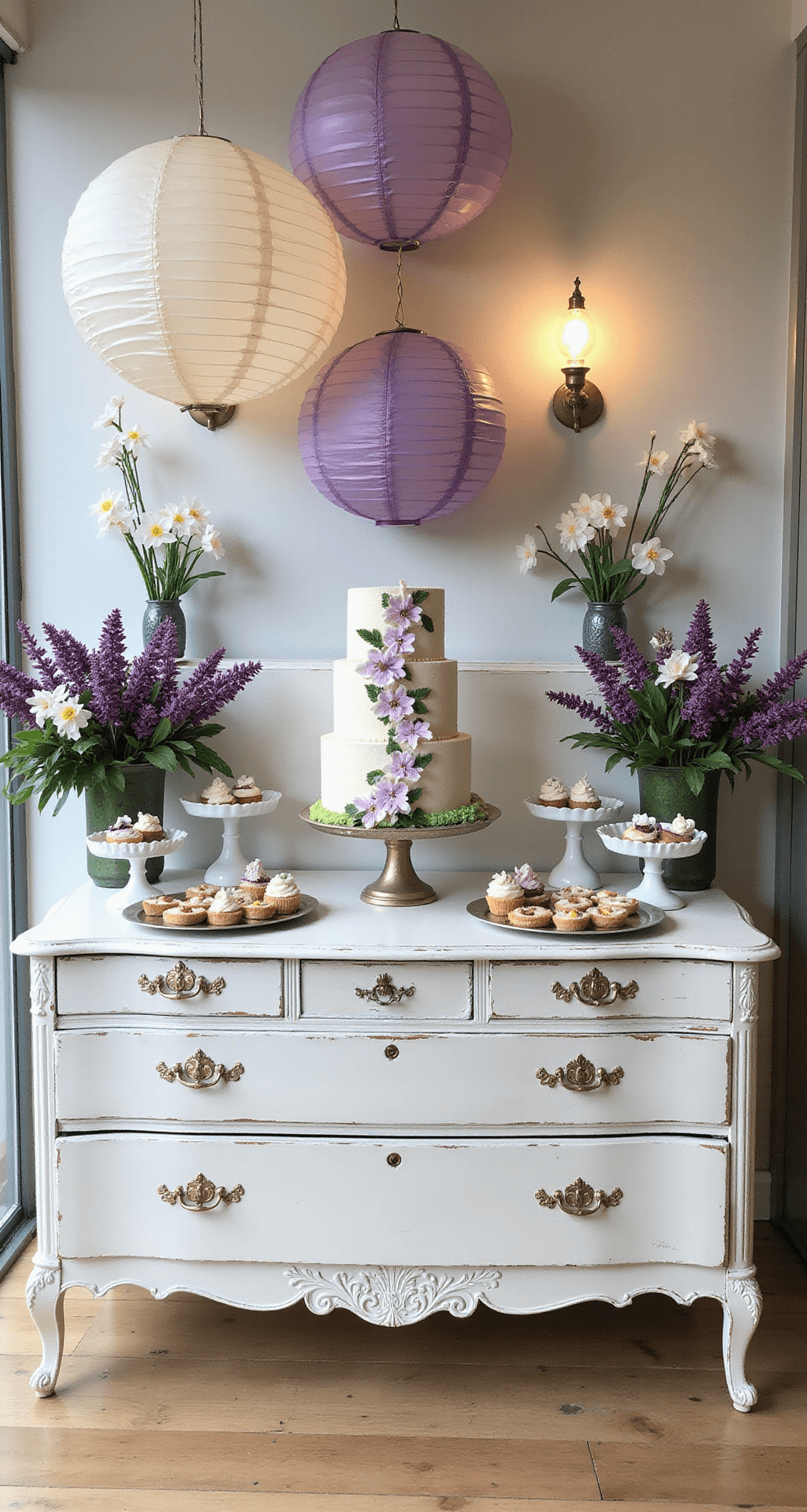 Spring Wedding Flowers: A Comprehensive Guide to Blooming Beauties A straight-on view of a whimsical garden party dessert display featuring a vintage white dresser with lilacs and daffodils, a tiered cake with anemones, assorted desserts on milk glass stands, and overhead paper lanterns and bistro lights.