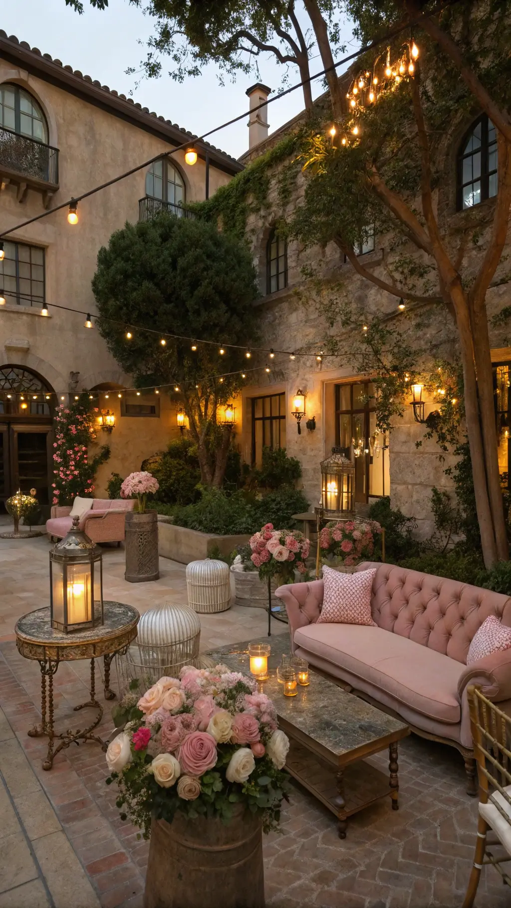 Best Pastel Wedding Ideas with soft hues and Endless Romance A romantic courtyard cocktail setup at dusk with vintage pastel velvet furniture, warm market lights overhead, antique brass tables with crystal decanters, lantern-strung flowering trees, and large floral arrangements in stone urns.