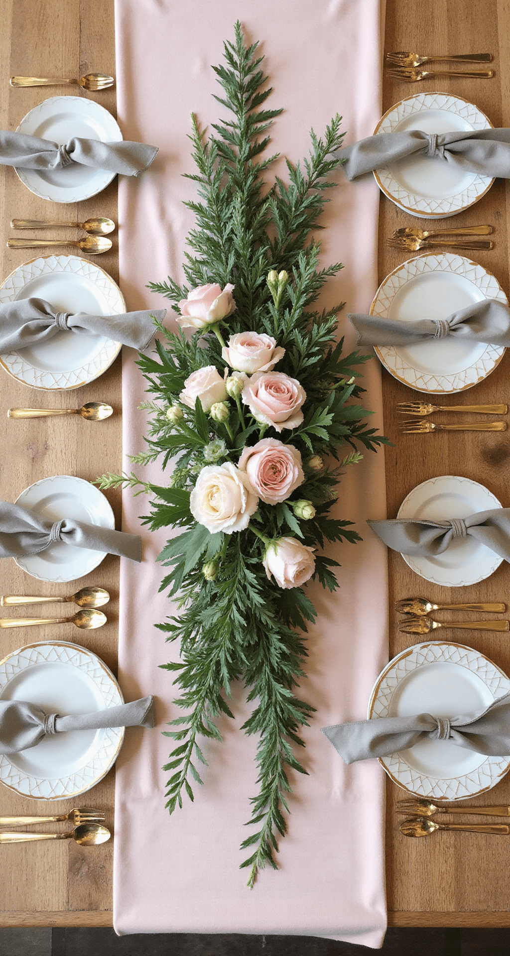 Spring Wedding Flowers: A Comprehensive Guide to Blooming Beauties An overhead view of a romantic table setting with a blush silk runner, lush centerpiece of ranunculus and sweet peas, gold-rimmed plates, geometric chargers, and velvet ribbons.