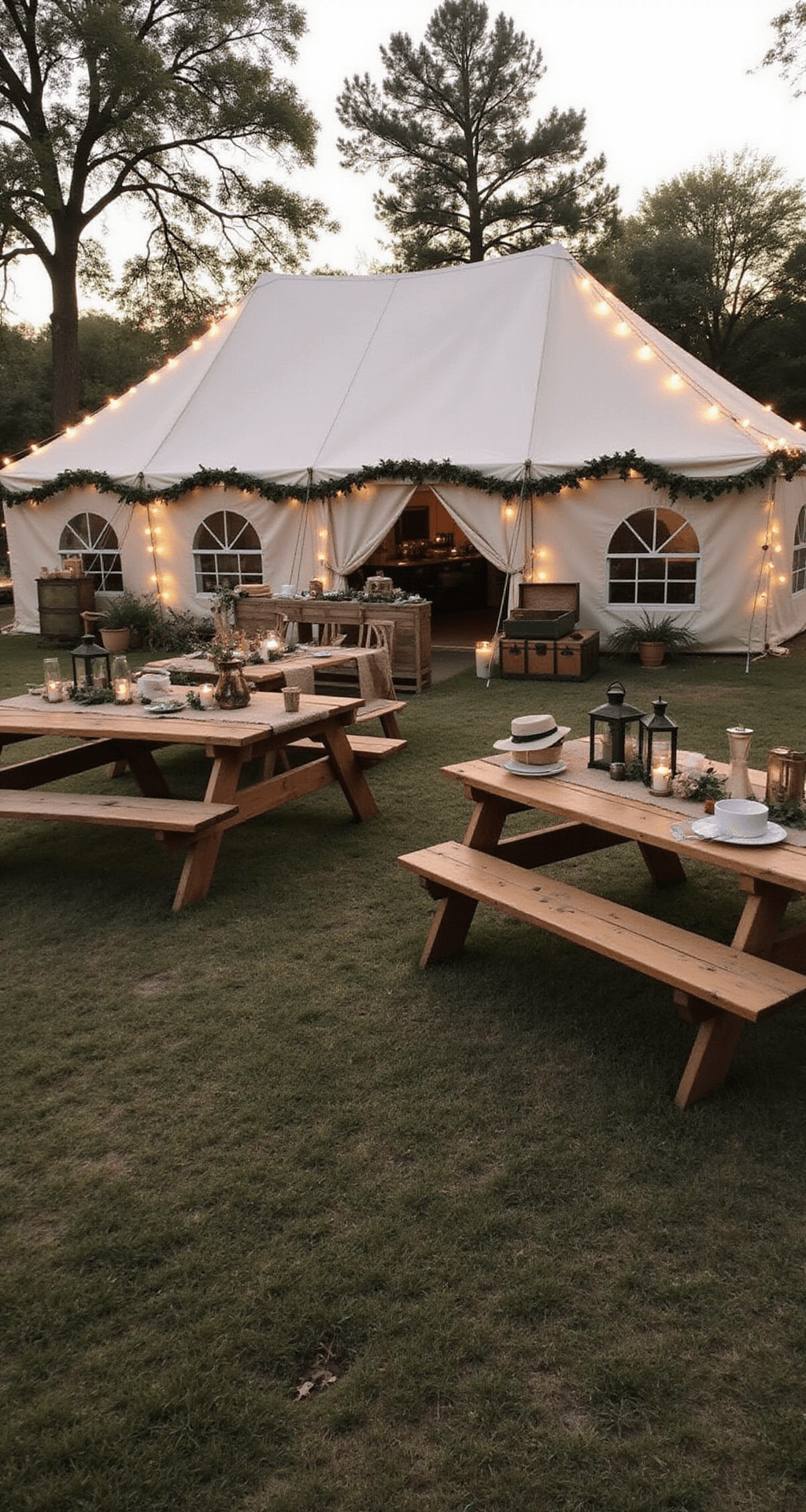 The Ultimate Guide to Throwing a Spectacular "Wild One" First Birthday Party An intimate backyard safari scene at magic hour with a colonial-style tent draped in sheer ivory fabric and fairy lights, natural wood picnic tables with burlap runners, brass lanterns, and greenery garlands, alongside a DIY dress-up station with safari attire, all captured from a lifted perspective at sunset.
