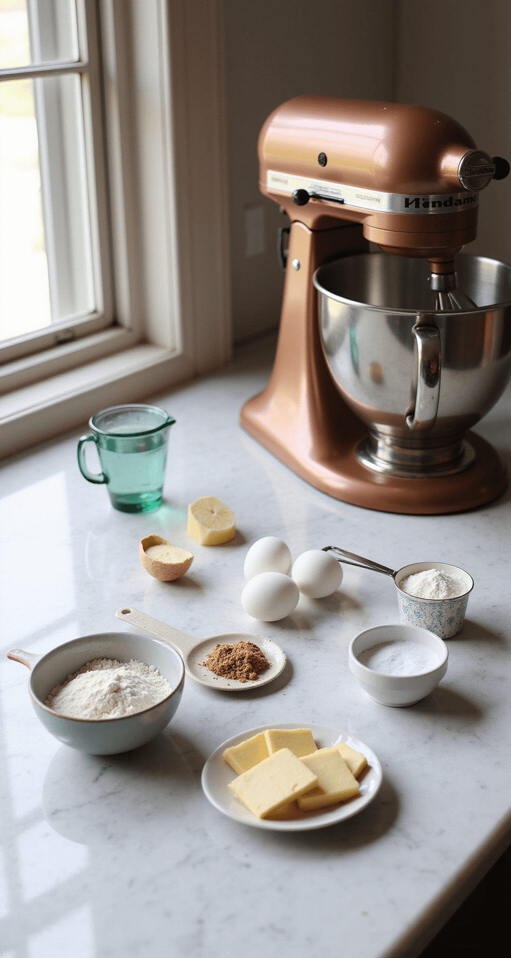 One-Tier Wedding Cake: Your Perfect Simple Celebration Dessert A sunlit kitchen with baking ingredients on a marble countertop, including sifted cake flour, eggs, sugar, butter, a copper stand mixer, measuring cups, and vintage mixing bowls.