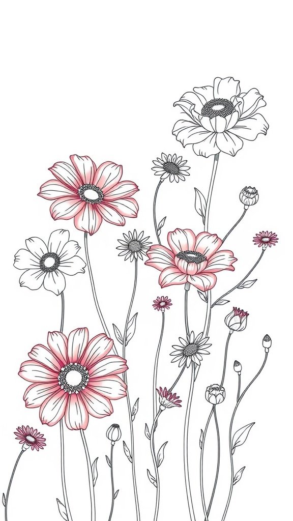 50 Stunning Flower Phone Wallpapers to Brighten Your Screen Artistic floral line drawing featuring various flowers in black outline with subtle pink accents.