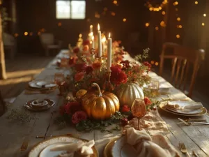 Elevate Your Table with a Stunning Pumpkin Centerpiece A hyperrealistic autumn centerpiece with gold-painted pumpkins, burgundy dahlias, and copper roses on a rustic farmhouse table, accented by brass candlesticks and soft sunlight filtering through barn windows.