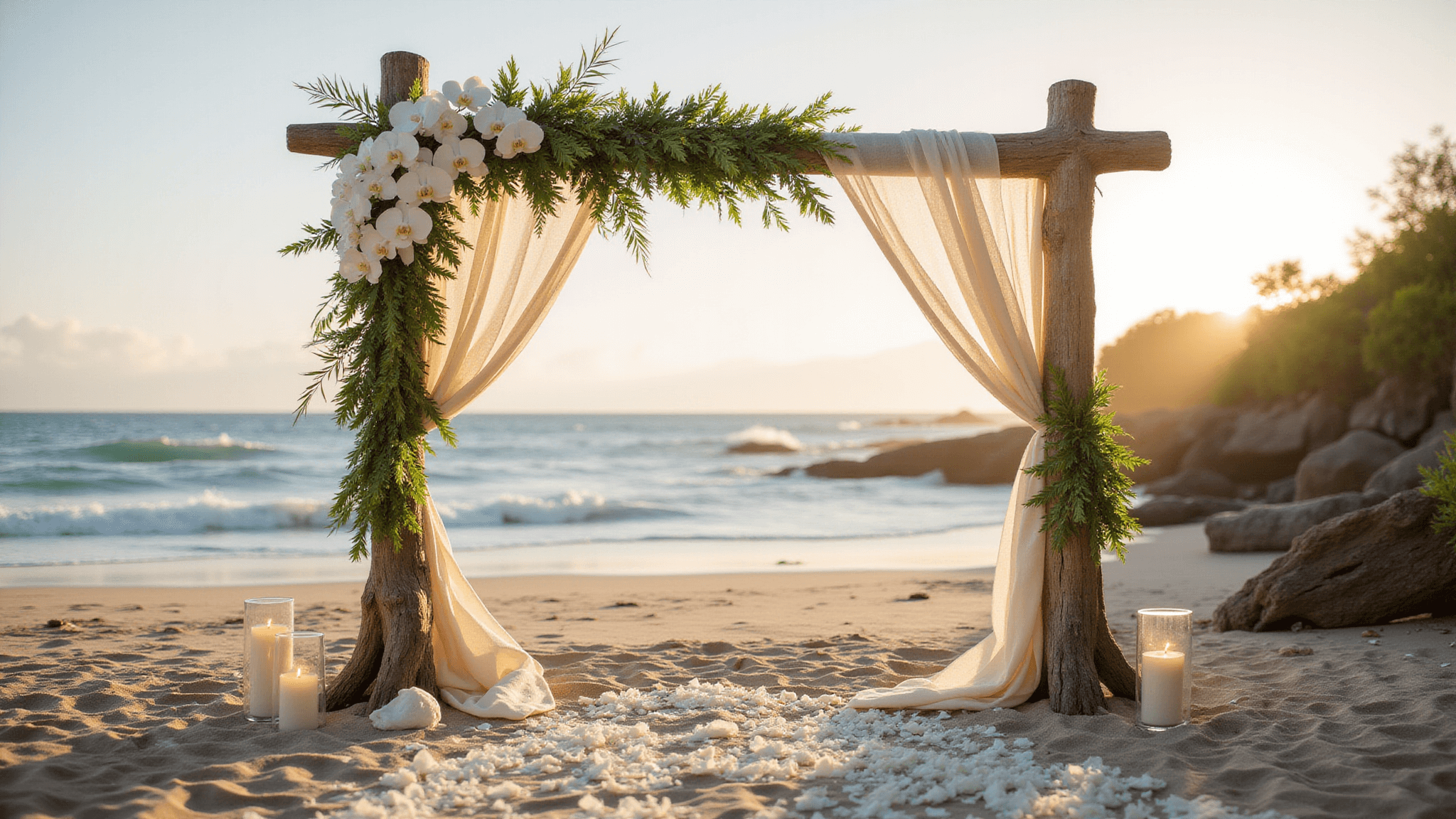 Photorealistic beachfront wedding ceremony arch at golden hour, adorned with white orchids and plumerias, with a sandy aisle marked by rose petals and candlelit hurricanes, set against a vibrant sunset sky and turquoise ocean.