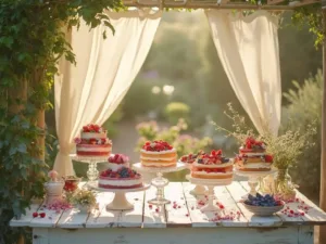 29 Summer Cakes Ideas Photographic image of a summer garden dessert display under a sunlit pergola, featuring tiers of berry cakes with strawberries, blueberries, and edible flowers on vintage stands.