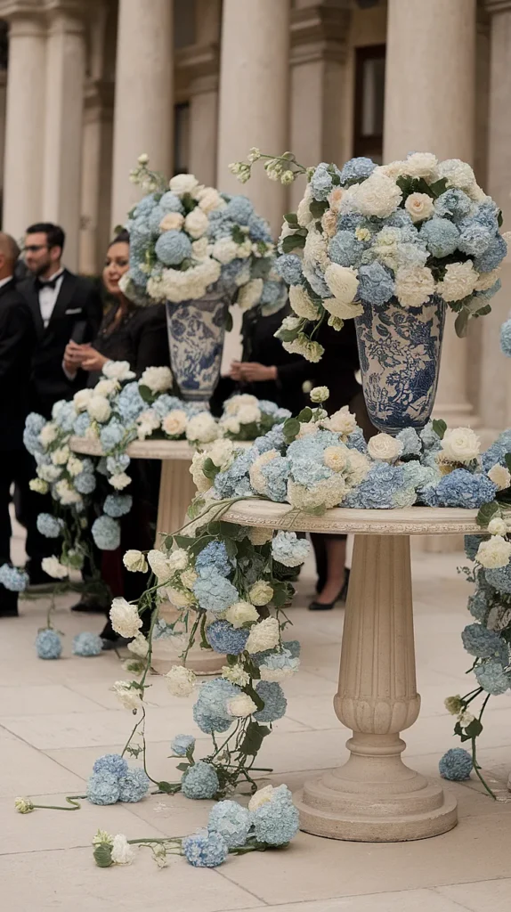 blue and white wedding flowers a dreamy palette of elegance Blue and White Chinoiserie Table Arrangements