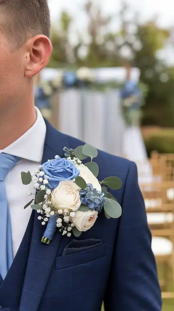 blue and white wedding flowers a dreamy palette of elegance Blue Thistle and White Lisianthus Boutonnieres